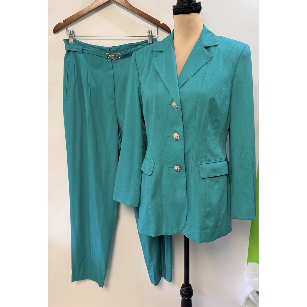 Vintage 80s Women 2 Pc Teal Pant Suit Long Blazer Lion Head Buttons Sz 10 Career
